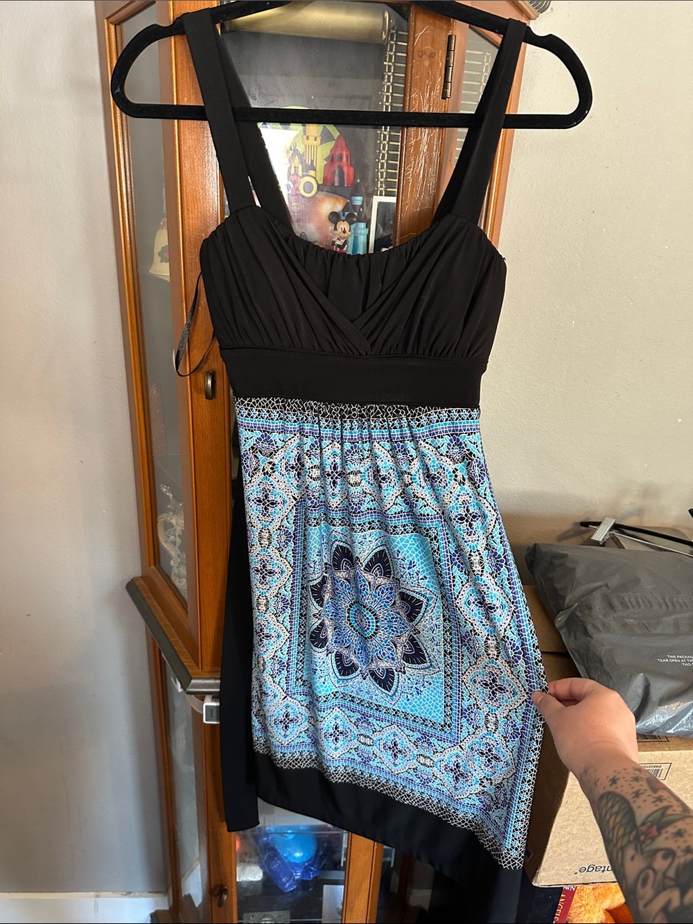 Carole Little Black Dress with Blue Mosaic Print